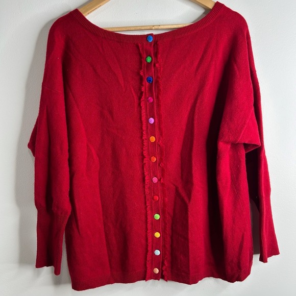 Neiman Marcus Cashmere Sweaters - Neiman Marcus‎ Cashmere Sweater Womens L Red Boxy Rainbow Accent Buttons Pockets